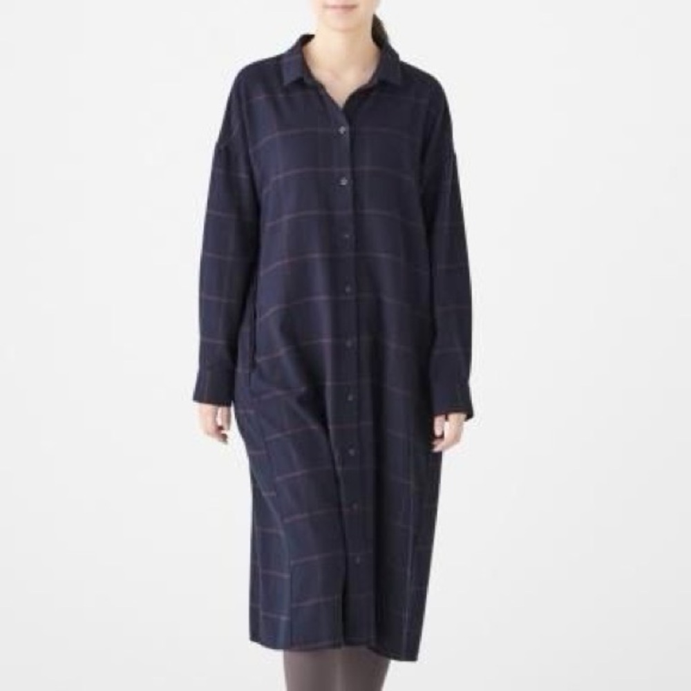 MUJI Long Sleeve Button Down Dress Plaid Flannel Purple Navy Blue